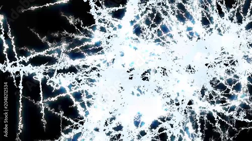 Abstract glowing white and blue electrical energy web on a black background. Animated continuous loop of jagged lightning lines, frost cracks, and dynamic chaotic motion