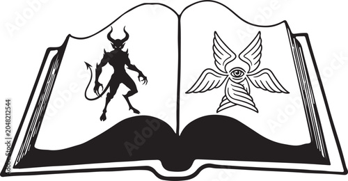 Open Book with Angel and Demon SVG - Biblically Accurate Seraphim vs Devil Vector Clipart.