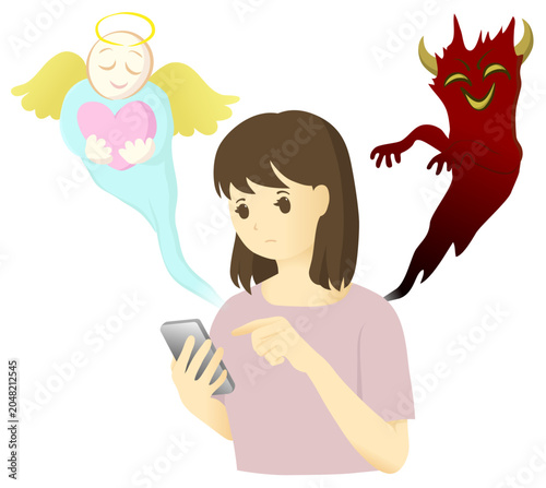 スマートフォンを操作する若い女性と、左右に現れた天使と悪魔のイメージイラスト