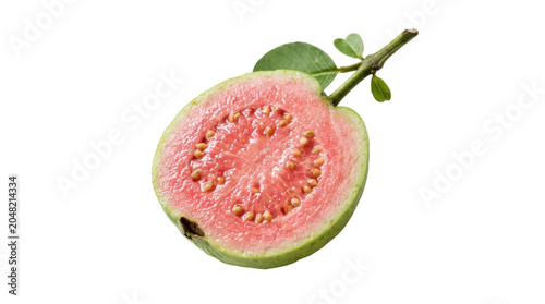 Cross-section of a ripe guava fruit with juicy pink flesh and white seeds