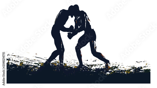 Fényképezés Wrestlers engage in a competitive match while captured in a high-contrast silhouette style