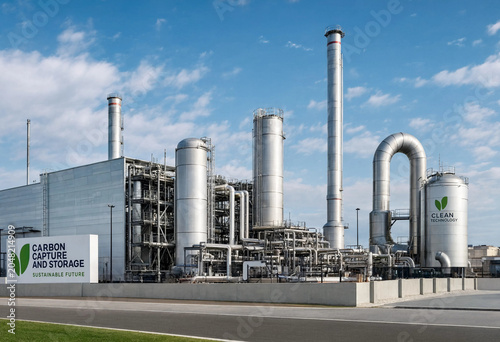 Canvastavla Industrial carbon capture and storage facility with tall metal towers, pipes, an