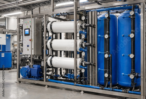 Fotografie Industrial water filtration system with blue tanks and white cylindrical filters