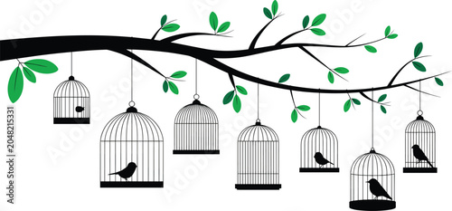 Cuadro en lienzo Silhouette birds in cages hanging from a tree branch with green leaves Keywords: