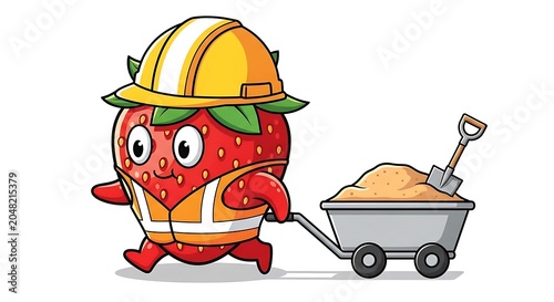 Cartoon construction worker with hard hat and toy truck.