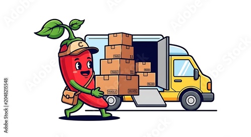 Cartoon garbage truck collecting colorful waste bins.