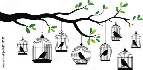 Fotografía Silhouette of birds in cages hanging from a tree branch with green leaves vector