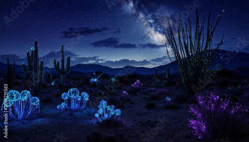 Bild auf Leinwand Night desert landscape featuring bioluminescent blue glowing desert plants and p