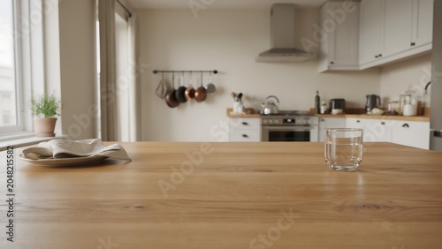 Glass of water on wooden kitchen table with plate
