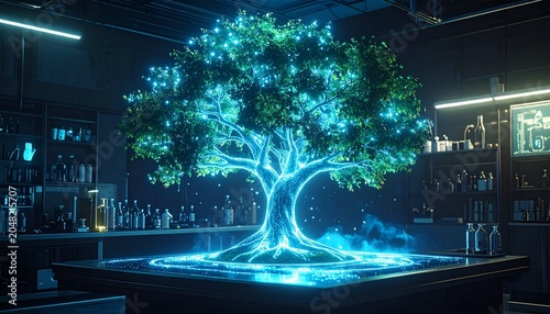 Futuristic Glowing Tree in a Bar Setting.