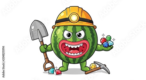 Cartoon green dragon holding vegetables and tools.