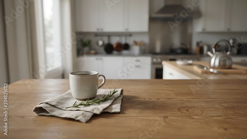 Steaming mug of coffee on kitchen counter with rosemary