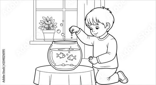 Child Feeding Goldfish Bowl.