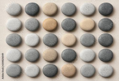 Photography Grid pattern of smooth round river stones in varying shades of grey, beige, and