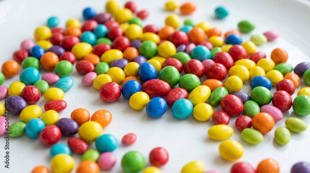 Obraz premium A vibrant pile of shiny oval candies, rainbow hues of blue, yellow, orange, pink, green, and red, radiating sweetness, joy, and playful indulgence.