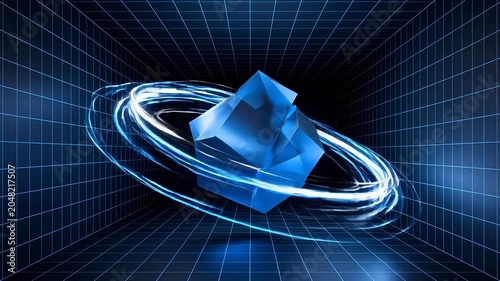 Transparent blue cubes surrounded by glowing light in grid space