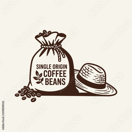 Single Origin Coffee Beans Bag with Hat Illustration