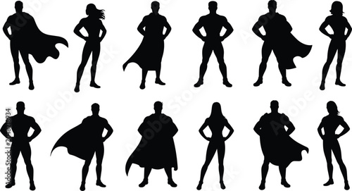 Diverse Silhouettes of Male and Female Superheroes in Dynamic Poses on White Background woman