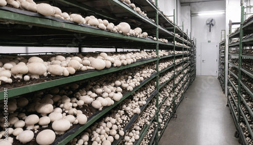 Foto Rows of white button mushrooms growing on stacked metal shelves inside a large i