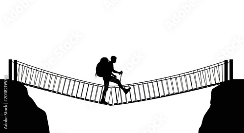 Man Crossing Suspension Bridge Outdoors.