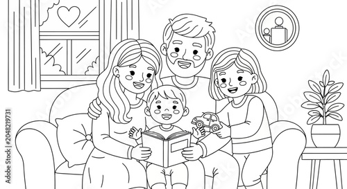 Family Reading Together Indoors.