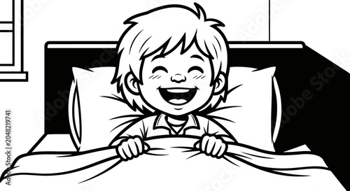 Smiling boy in bed happy.