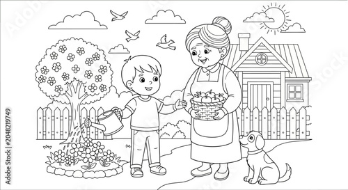 Woman and boy gardening together.