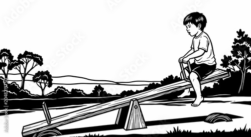 Boy Playing on Seesaw Outdoors.