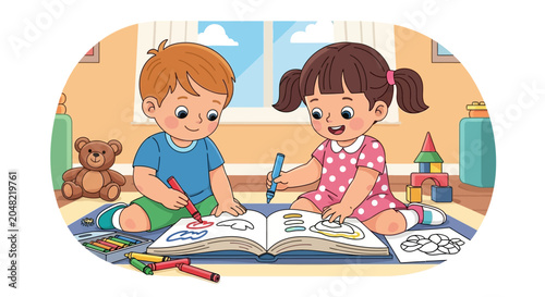 Children Coloring Together with Crayons.
