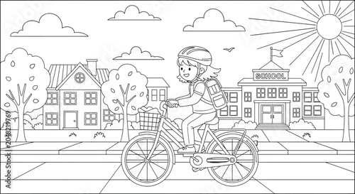 Child Riding Bicycle in Suburban Scene.