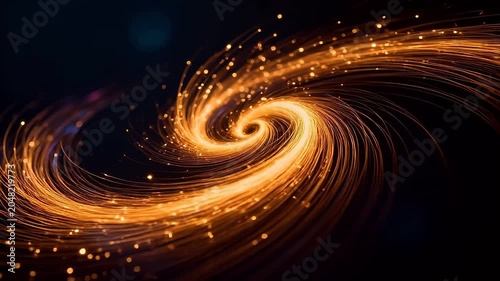 Golden spiral vortex with glowing light trails and dark space background