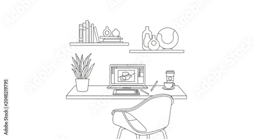 Simple Line Art Home Office Workspace.