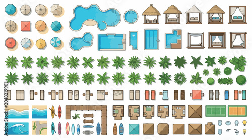 Top view landscape design elements, architectural site plan icons for resort and pool layout, vector garden and patio furniture set