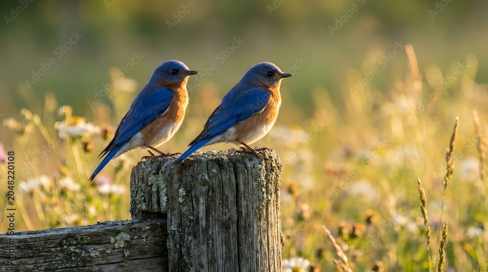 Obraz premium Two Bluebirds Perched On A Wooden Fence Scenic Photography bluebird eastern songbird avian bird