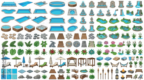 Isometric swimming pool and backyard landscape design elements, outdoor garden furniture and water fountain set, 100 vector icons for patio planning