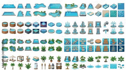 Isometric swimming pool and landscape design icons, set of 96 backyard water features and garden elements, luxury pool architecture vector collection