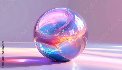 A vibrant, swirling, spherical composition with transparent layers and iridescent hues