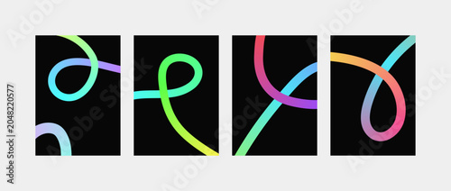 Set of four artistic black backgrounds with single colorful neon strokes showing intricate loops and overlapping lines with smooth gradient transitions creating a modern fluid visual aesthetic.