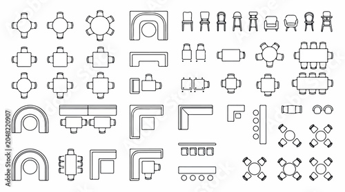 Architectural floor plan furniture icons, 40 interior design symbols for restaurant and cafe layouts, top view table and chair vector set