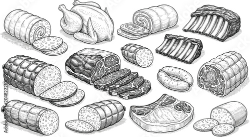 Tableau sur toile Vintage Meat Products Engraving Style Illustration Set with Salami, Whole Chicke