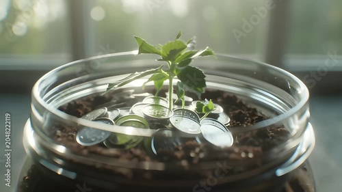 Young plant growing in jar with coins symbolizing financial growth