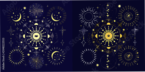Fotografie Astrological Ornament With Sun Moon And Stars Vector Illustration