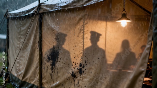 Silhouettes of soldiers projected onto a military tent wall