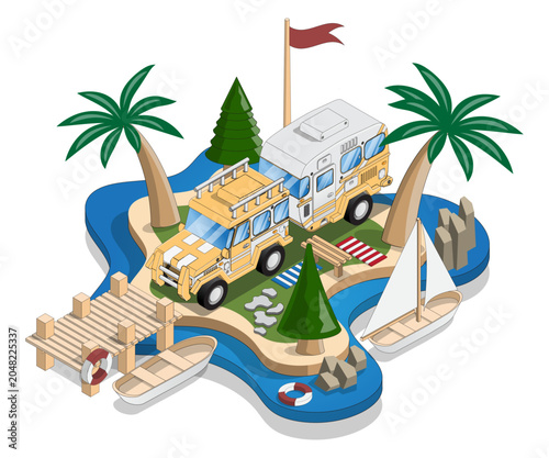 Camping. Isometric. Isolated on white background. Vector illustration.
