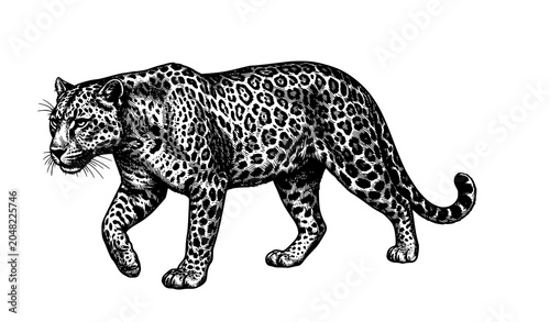 Schilderij op canvas Detailed Leopard Mid Stride Black and White Vintage Vector Drawing
