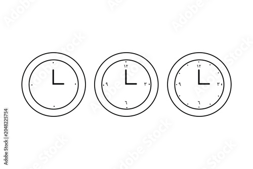 Set of minimalist clock icons with Arabic numerals, time concept vector illustration