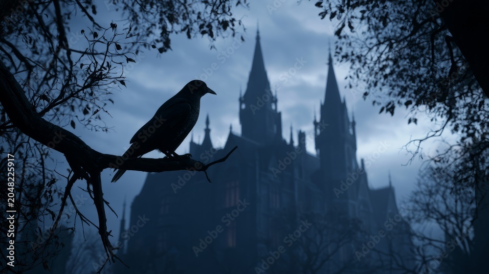 Obraz premium Silhouette of a crow on a branch with a castle