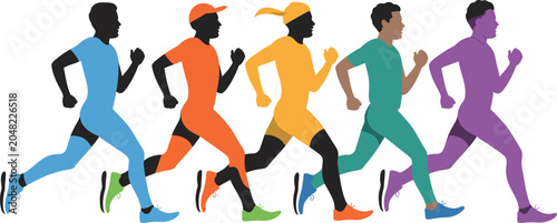 Obraz na plátně Diverse Group of Runners in Colorful Athletic Wear on White Background running a