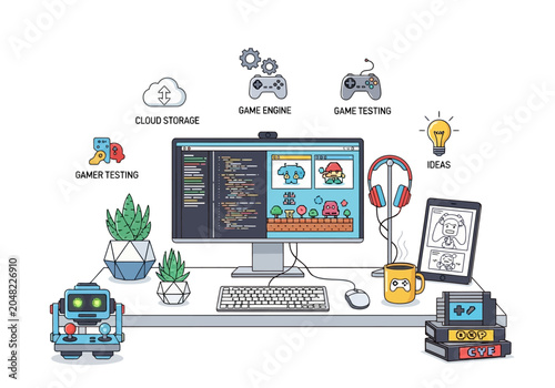A digital workspace featuring a computer monitor displaying game development code and graphics.