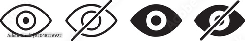 Set of eye icons, showing visibility and hidden status in outline and solid styles